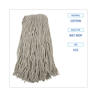Cut-End Wet Mop Head, Cotton, No. 32, White, 12/Carton