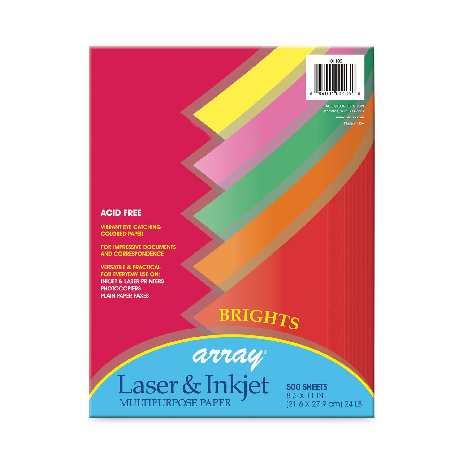 Array Colored Bond Paper, 24 lb Bond Weight, 8.5 x 11, Assorted Bright Colors, 500/Ream - 