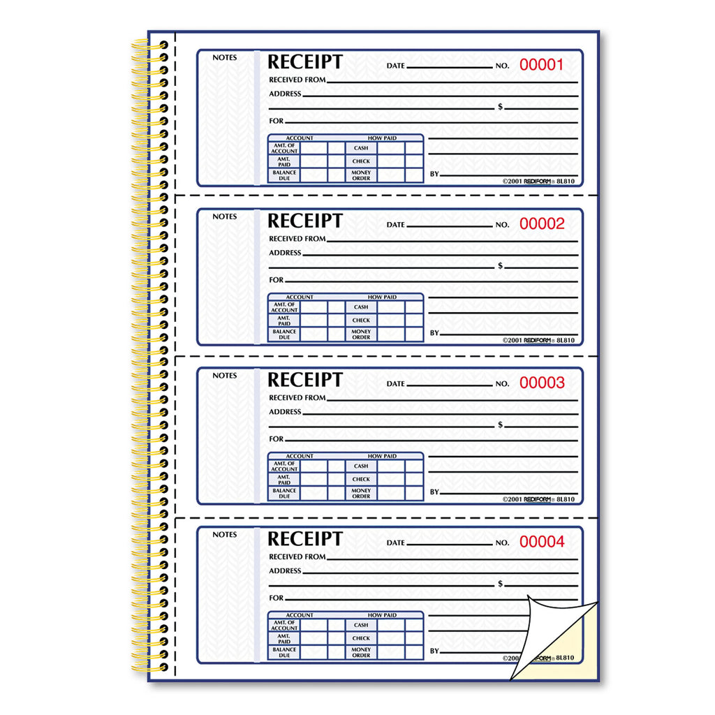 Gold Standard Money Receipt Book, Two-Part Carbonless, 7 x 2.75, 4 Forms/Sheet, 300 Forms Total - 