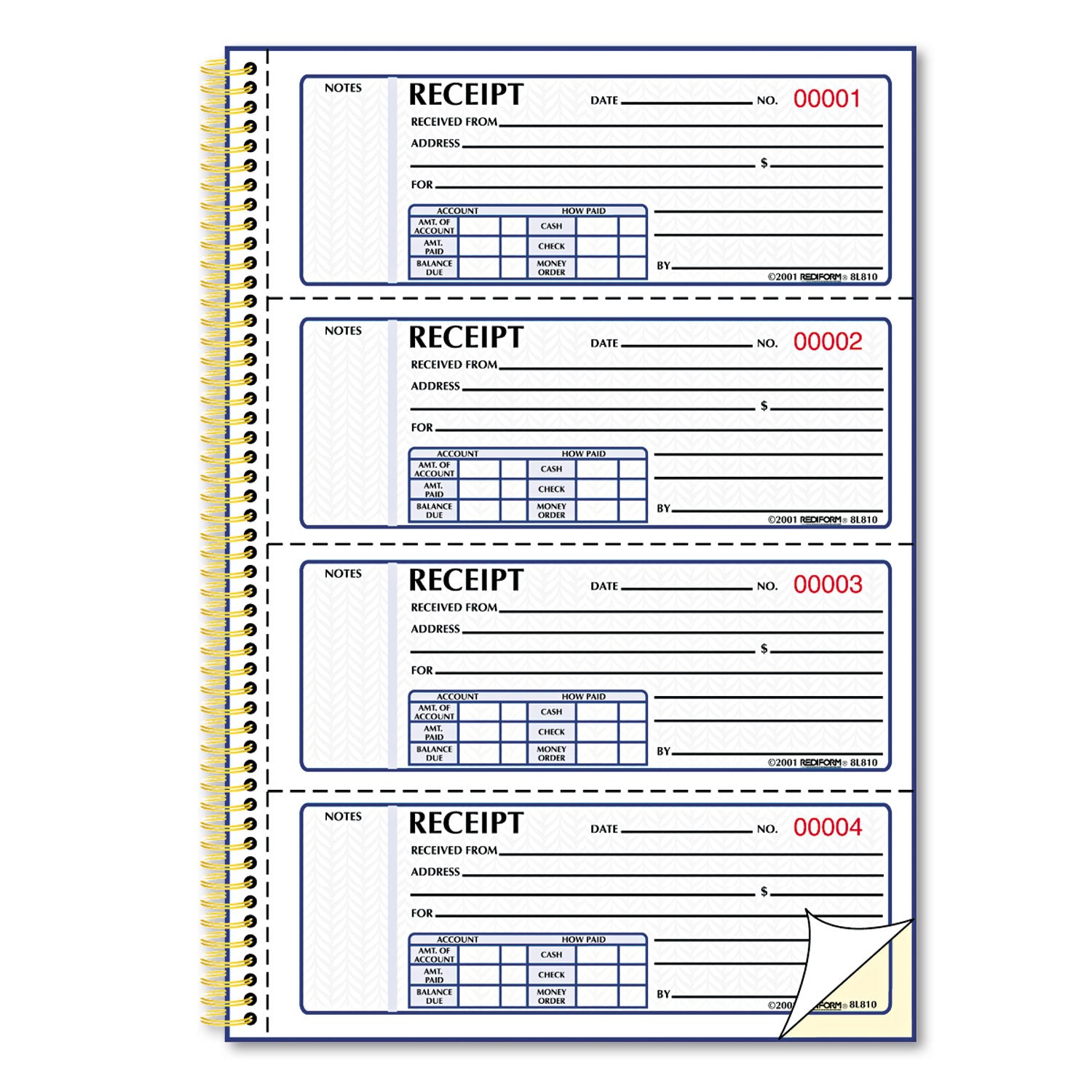 Gold Standard Money Receipt Book, Two-Part Carbonless, 7 x 2.75, 4 Forms/Sheet, 300 Forms Total - 