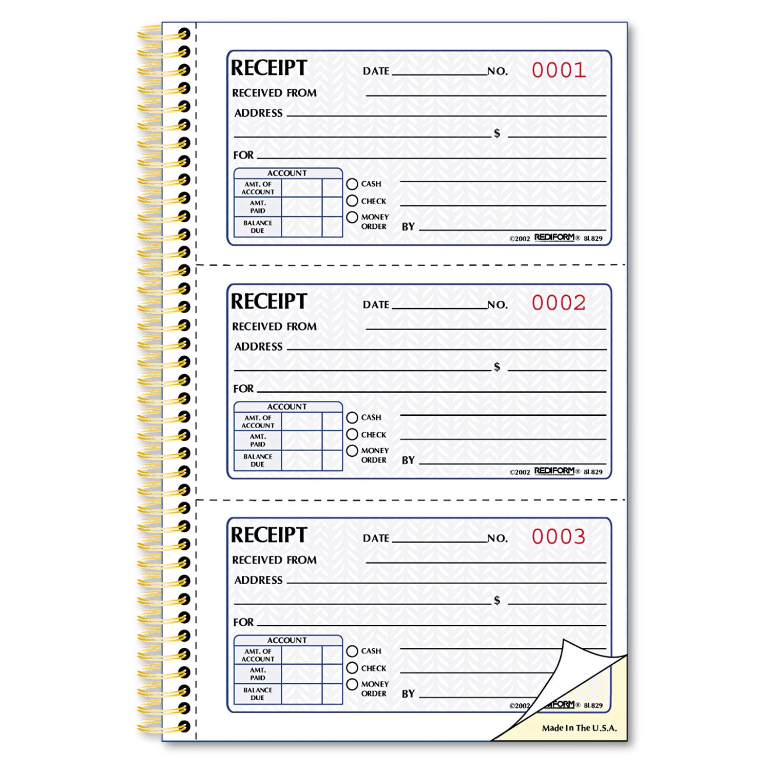 Gold Standard Money Receipt Book, Two-Part Carbonless, 5 x 2.75, 3 Forms/Sheet, 225 Forms Total - 