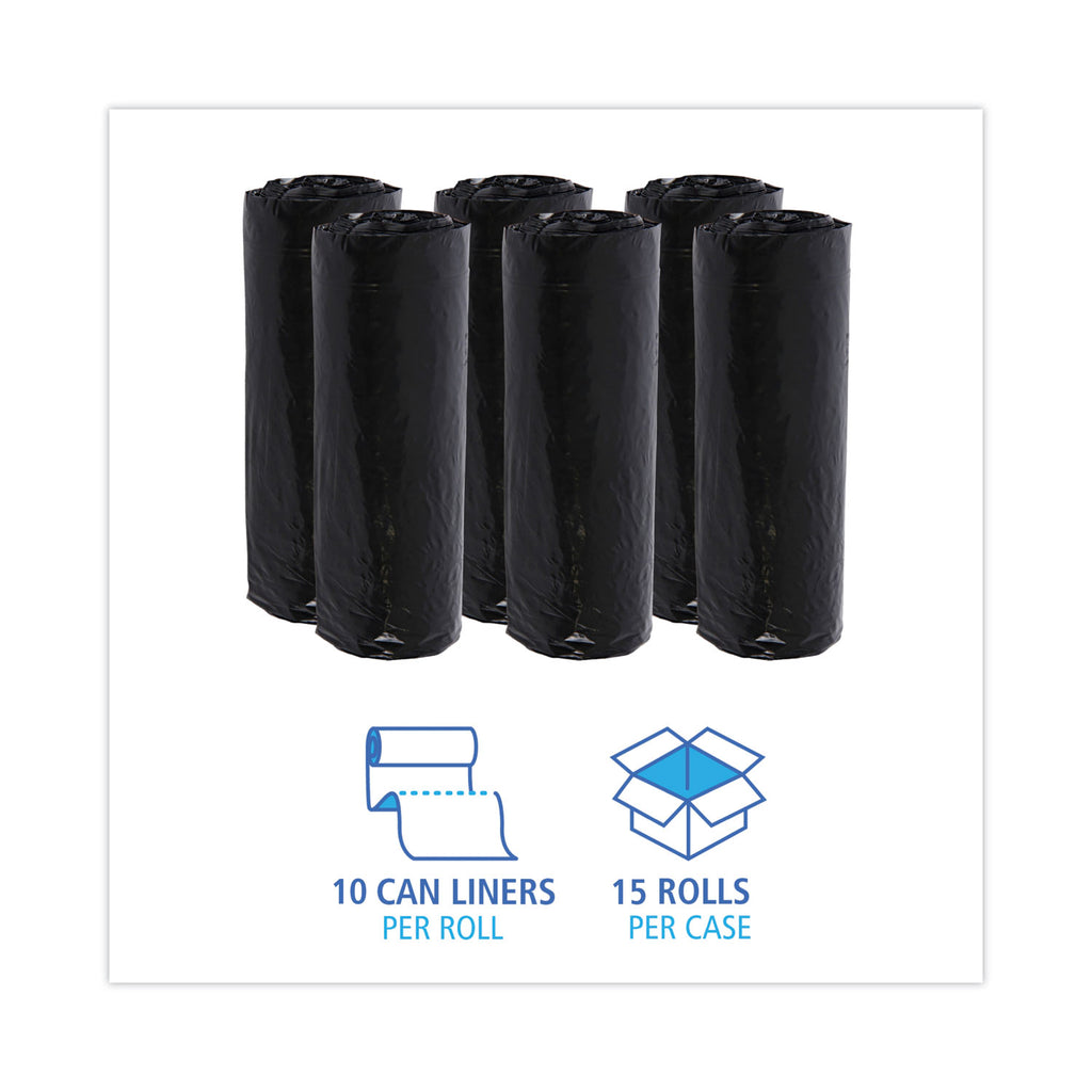 Low-Density Waste Can Liners, 16 gal, 1 mil, 24 x 32, Black, 10 Bags/Roll, 15 Rolls/Carton
