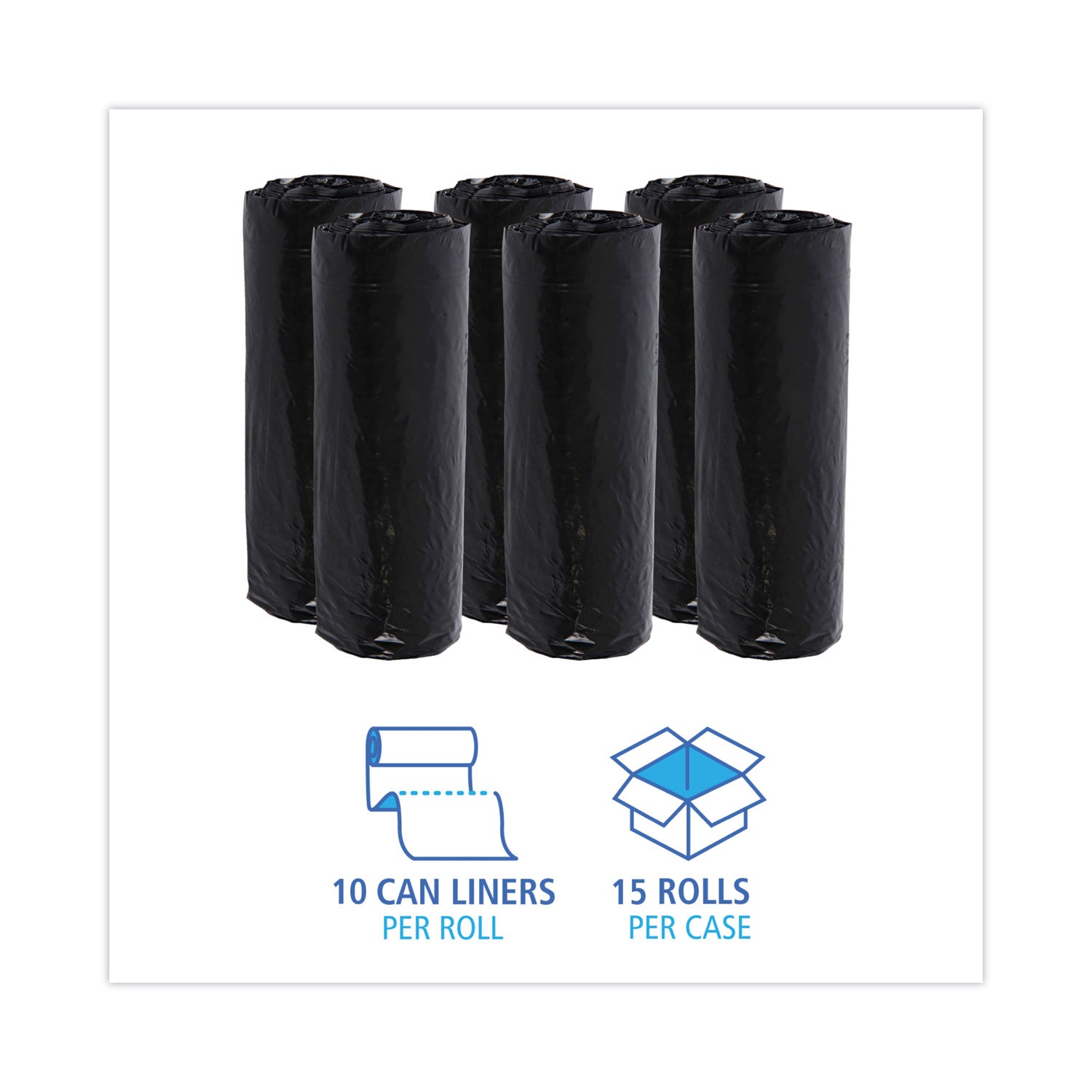 Low-Density Waste Can Liners, 16 gal, 1 mil, 24 x 32, Black, 10 Bags/Roll, 15 Rolls/Carton