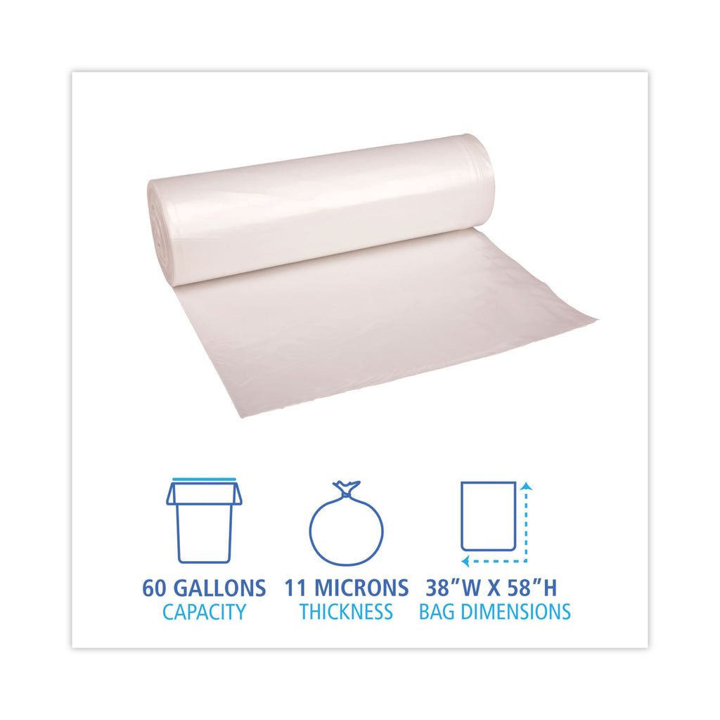 High-Density Can Liners, 60 gal, 11 mic, 38" x 58", Natural, 25 Bags/Roll, 8 Rolls/Carton