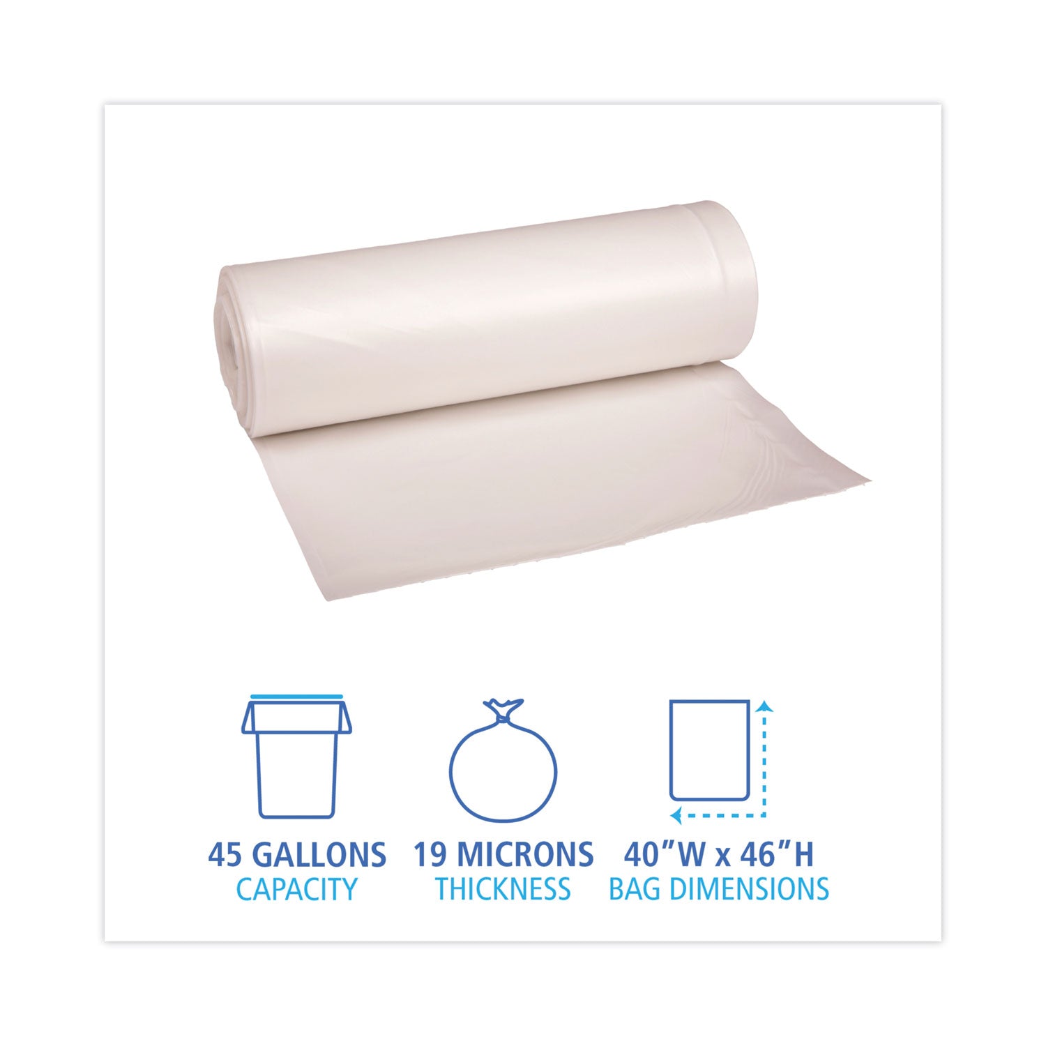 High-Density Can Liners, 45 gal, 19 mic, 40" x 46", Natural, 25 Bags/Roll, 6 Rolls/Carton