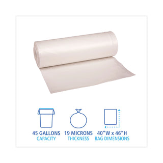 High-Density Can Liners, 45 gal, 19 mic, 40" x 46", Natural, 25 Bags/Roll, 6 Rolls/Carton