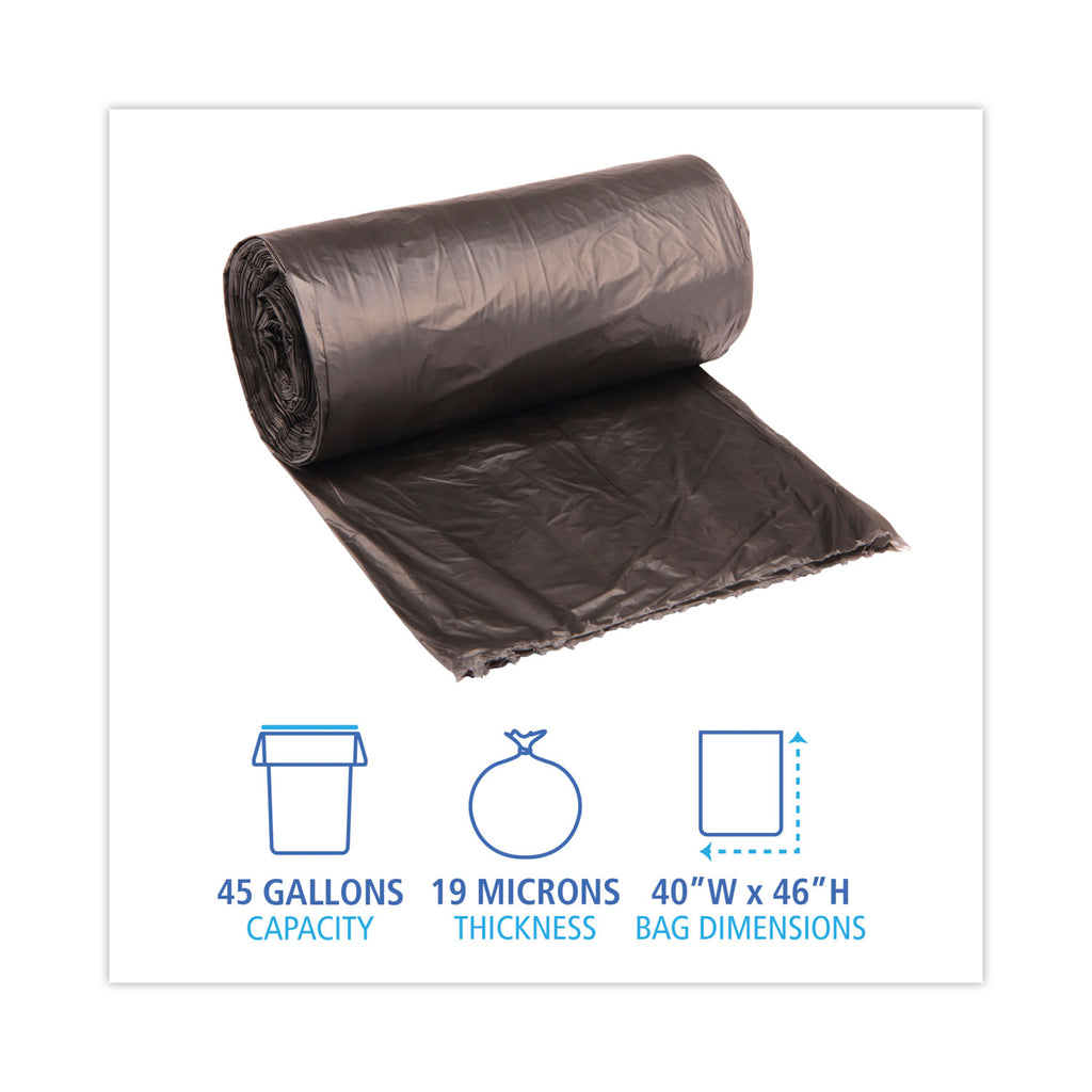 High-Density Can Liners, 45 gal, 19 mic, 40" x 46", Black, 25 Bags/Roll, 6 Rolls/Carton