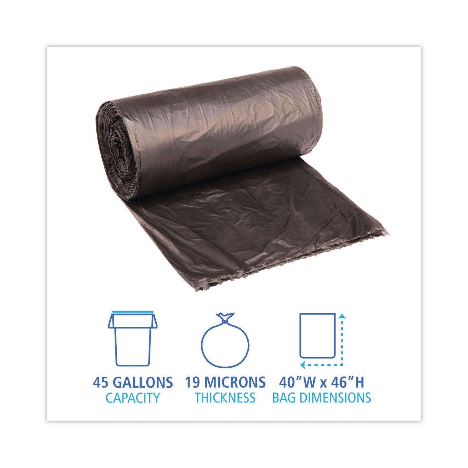 High-Density Can Liners, 45 gal, 19 mic, 40" x 46", Black, 25 Bags/Roll, 6 Rolls/Carton