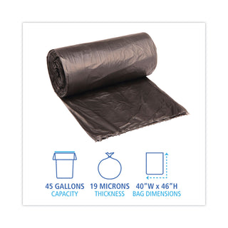 High-Density Can Liners, 45 gal, 19 mic, 40" x 46", Black, 25 Bags/Roll, 6 Rolls/Carton