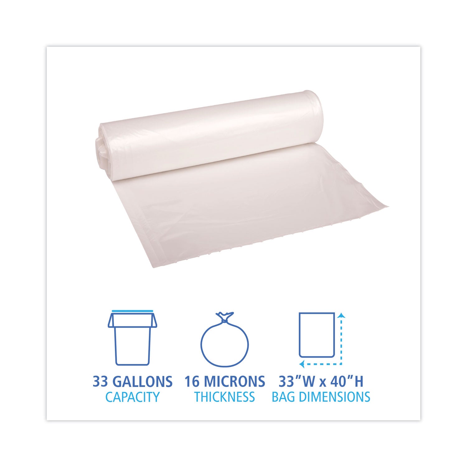 High Density Industrial Can Liners Coreless Rolls, 33 gal, 16 mic, 33 x 40, Natural, 25 Bags/Roll, 10 Rolls/Carton
