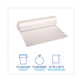 High Density Industrial Can Liners Coreless Rolls, 33 gal, 16 mic, 33 x 40, Natural, 25 Bags/Roll, 10 Rolls/Carton
