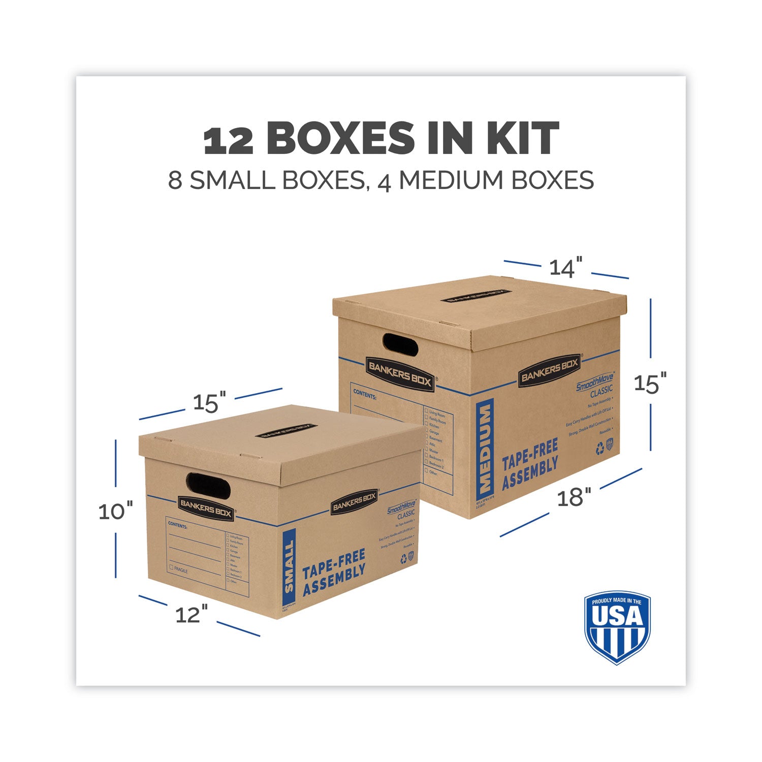 SmoothMove Classic Moving/Storage Box Kit, Half Slotted Container (HSC), Assorted Sizes: (8) Small, (4) Med, Brown/Blue,12/CT - 