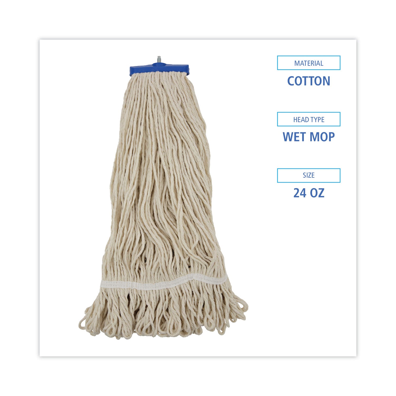 Mop Head, Lie-Flat Head, Cotton Fiber, 24 oz, White, 12/Carton - 