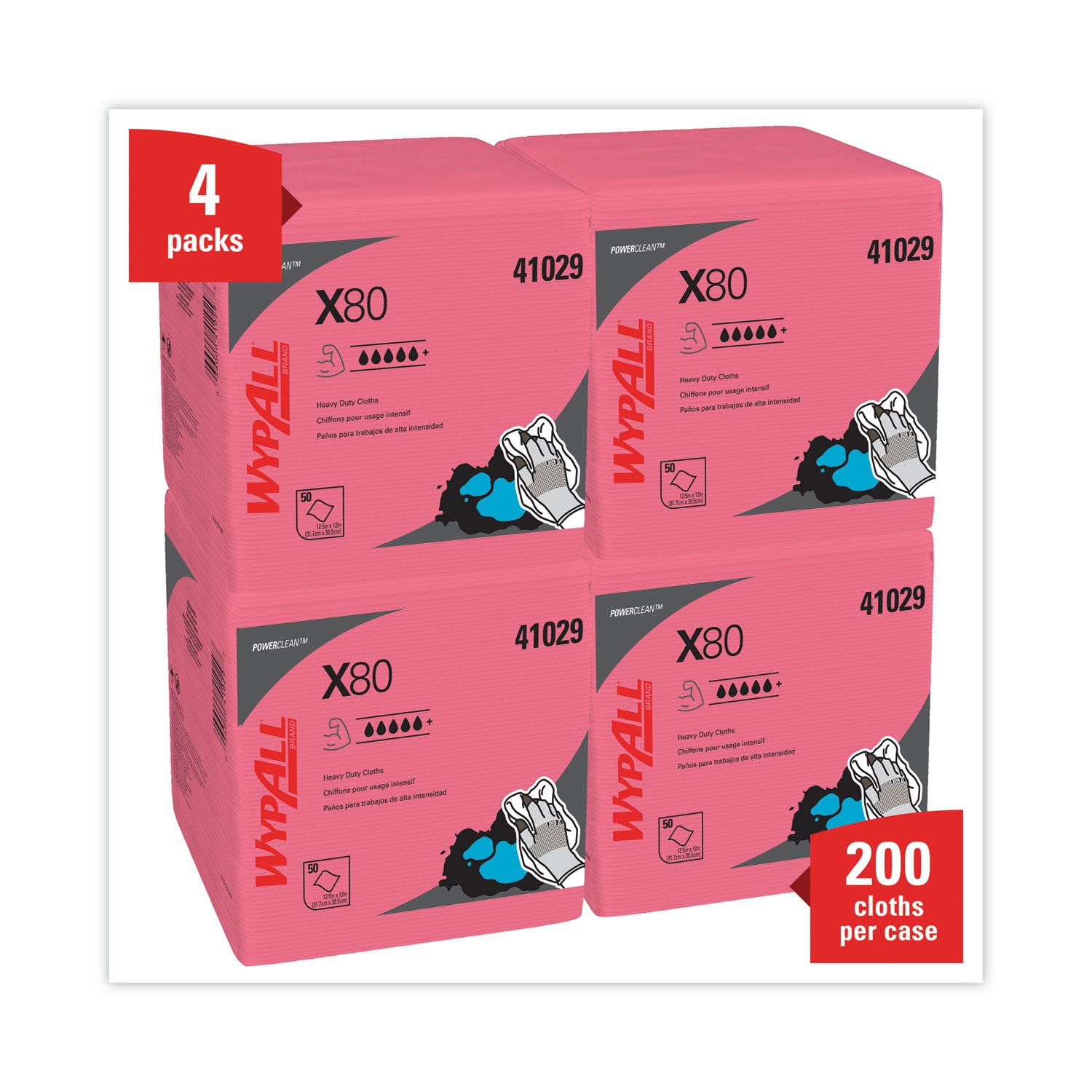 Power Clean X80 Heavy Duty Cloths,, 12.5 x 12, Red, 50/Box, 4 Boxes/Carton - 