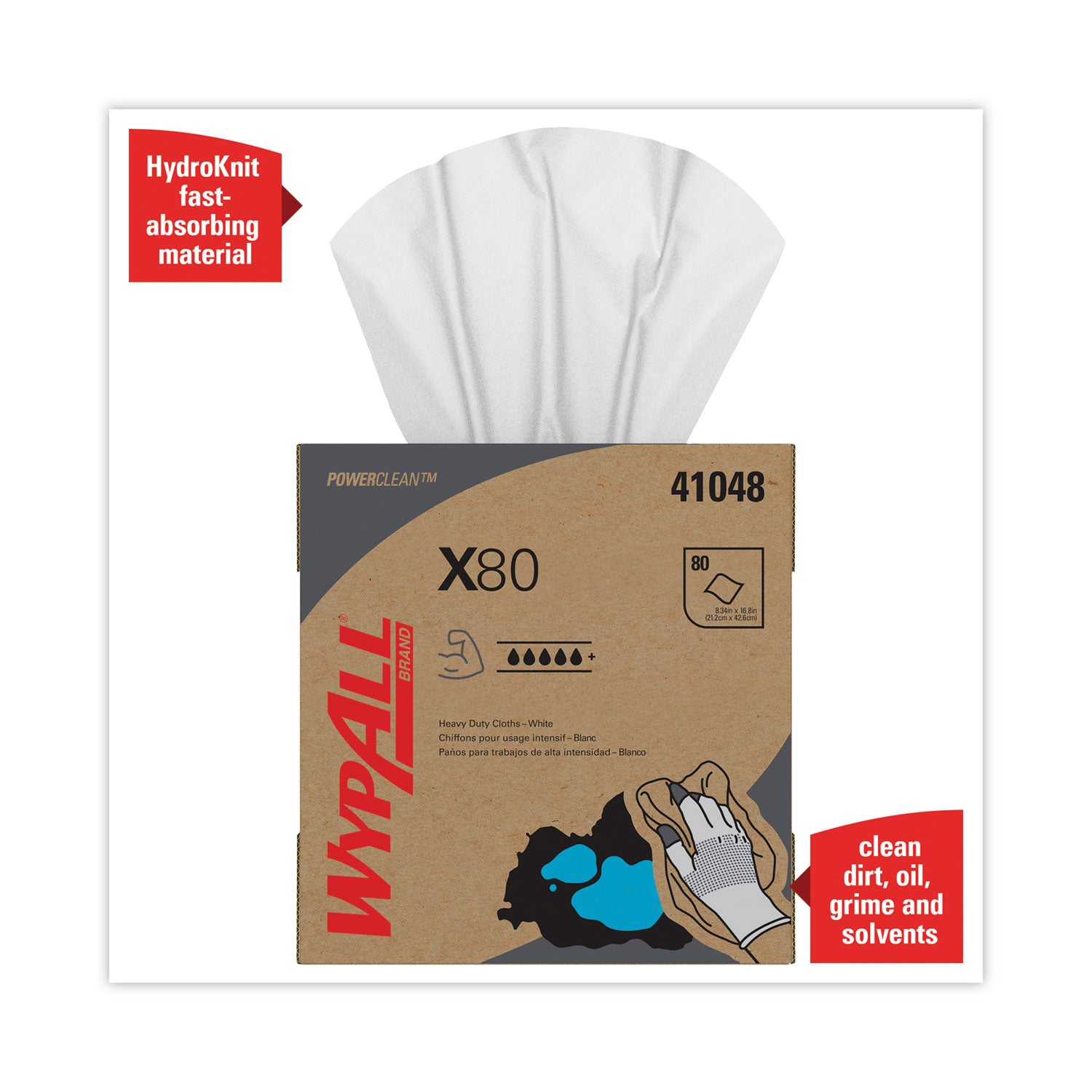 X80 Cloths, HYDROKNIT, POP-UP Box, 8.34 x 16.8, White, 80/Box, 5 Boxes/Carton - 