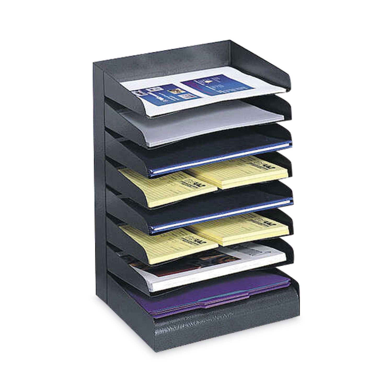 Safco Slanted Shelves Steel Desk Tray Sorter - 8 Tier(s)Desktop - Durable - Powder Coated - Black - Steel - 1 Each