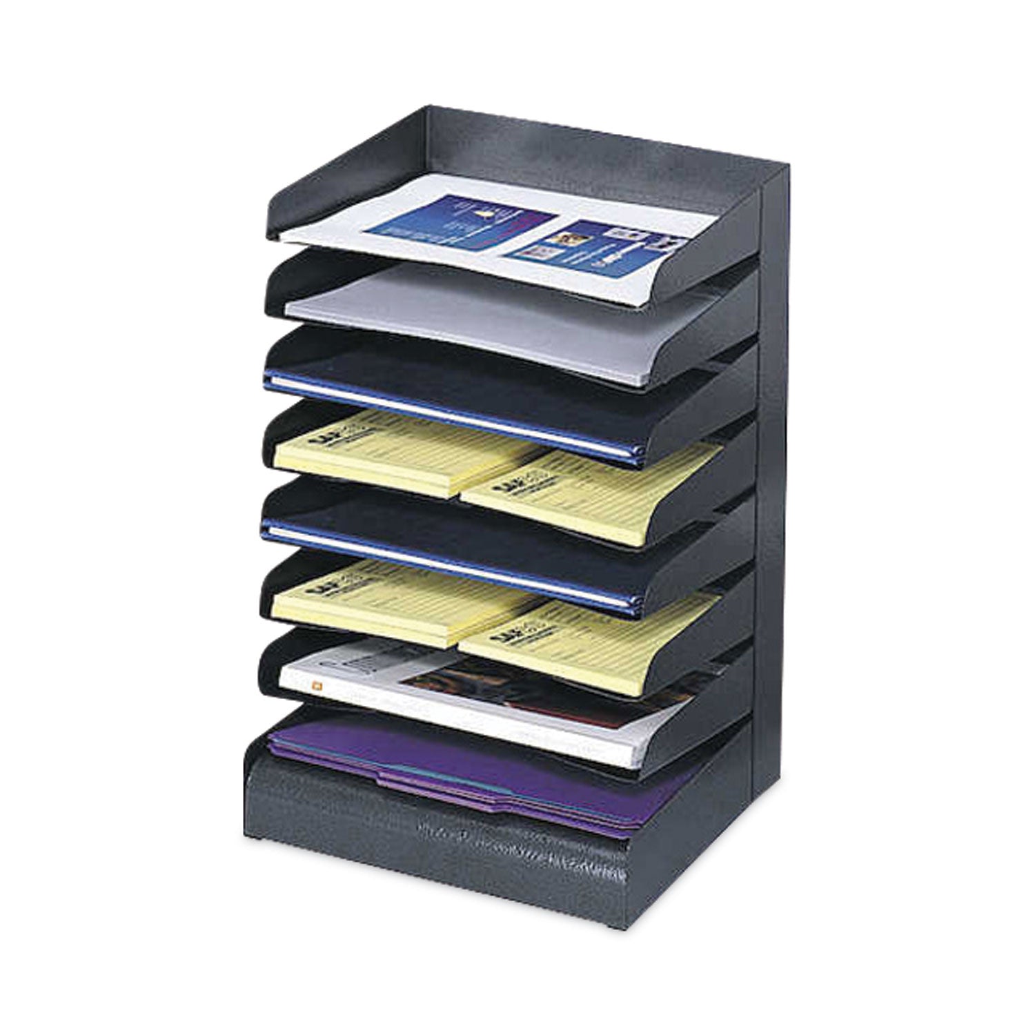 Safco Slanted Shelves Steel Desk Tray Sorter - 8 Tier(s)Desktop - Durable - Powder Coated - Black - Steel - 1 Each