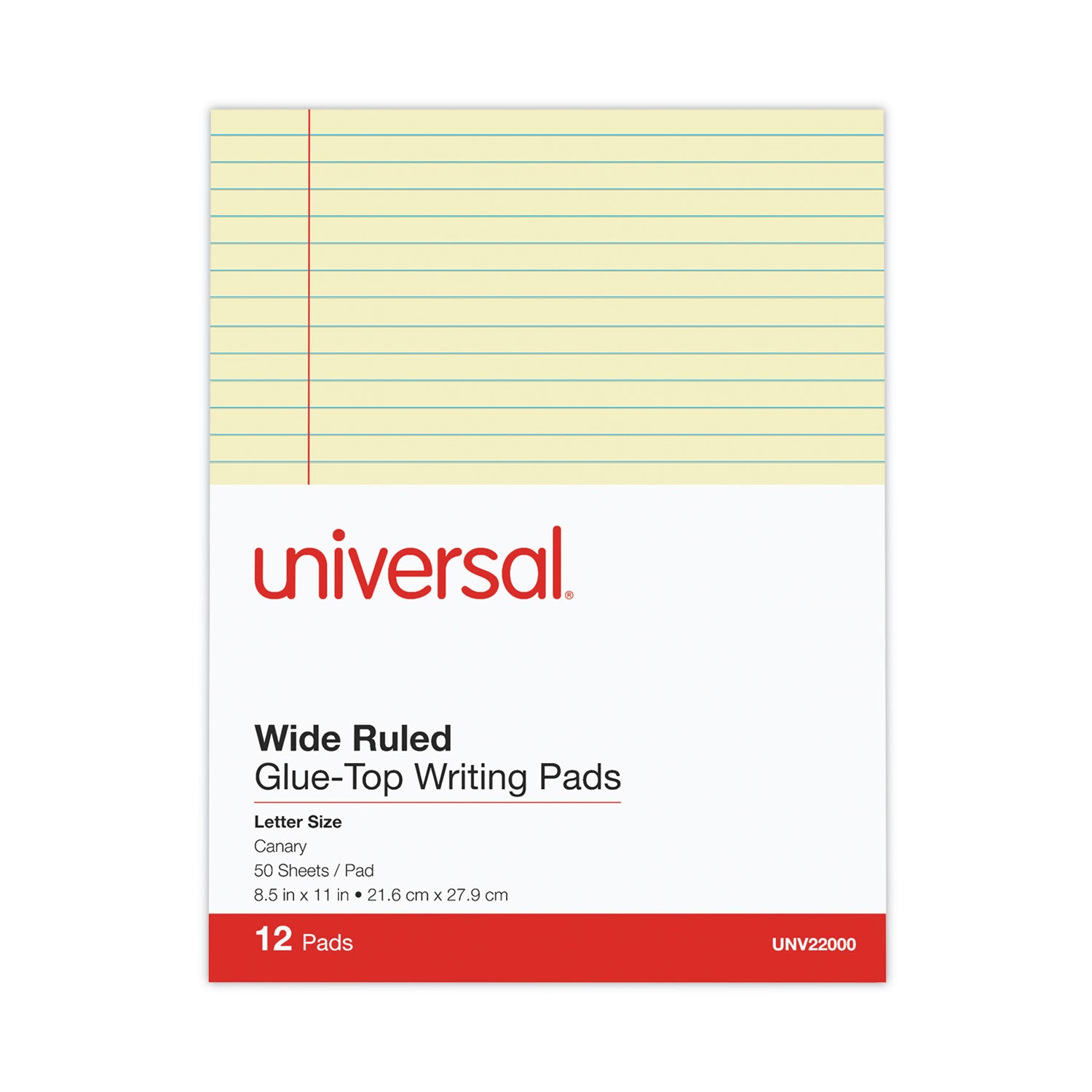 Glue Top Pads, Wide/Legal Rule, 50 Canary-Yellow 8.5 x 11 Sheets, Dozen - 
