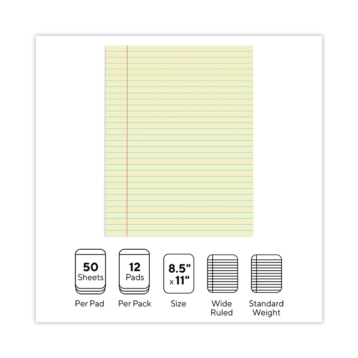 Glue Top Pads, Wide/Legal Rule, 50 Canary-Yellow 8.5 x 11 Sheets, Dozen - 