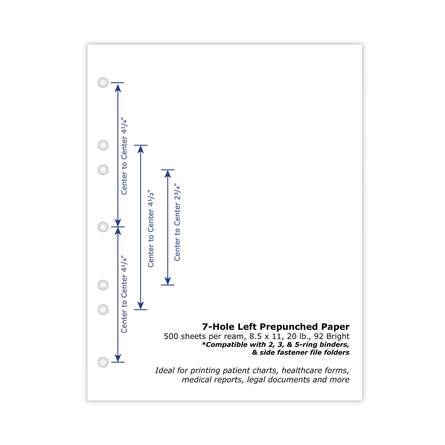 Perforated and Punched Paper, 7-Hole Punched, 20 lb Bond Weight, 8.5 x 11, White, 500/Ream - 