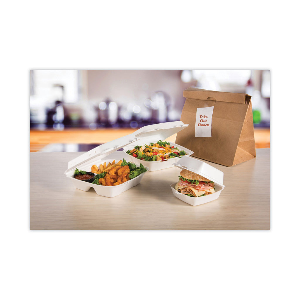 Insulated Foam Hinged Lid Containers, 3-Compartment, 9.3 x 9.5 x 3, White, 200/Pack, 2 Packs/Carton