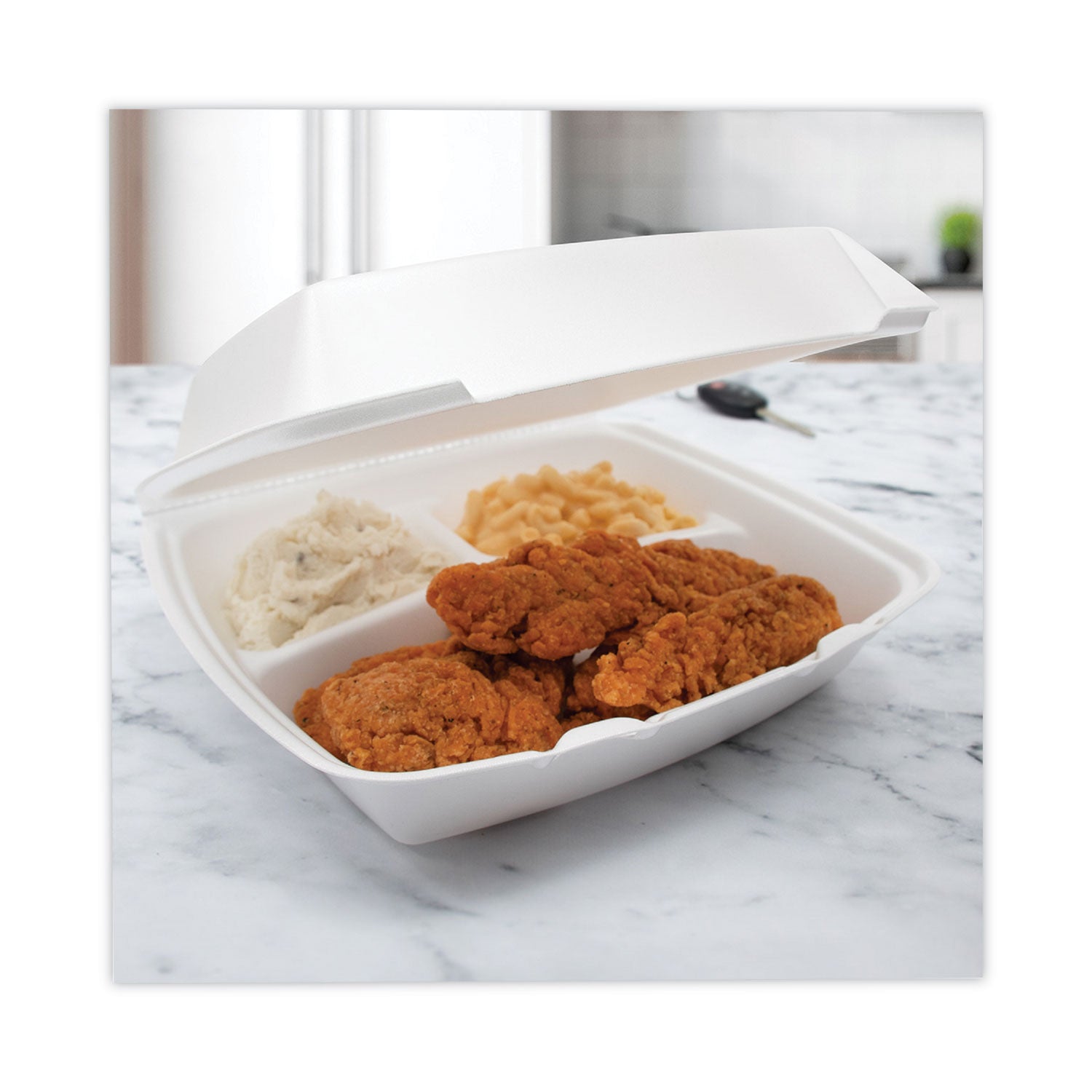 Insulated Foam Hinged Lid Containers, 3-Compartment. 7.9 x 8.4 x 3.3, White, 200/Carton - 