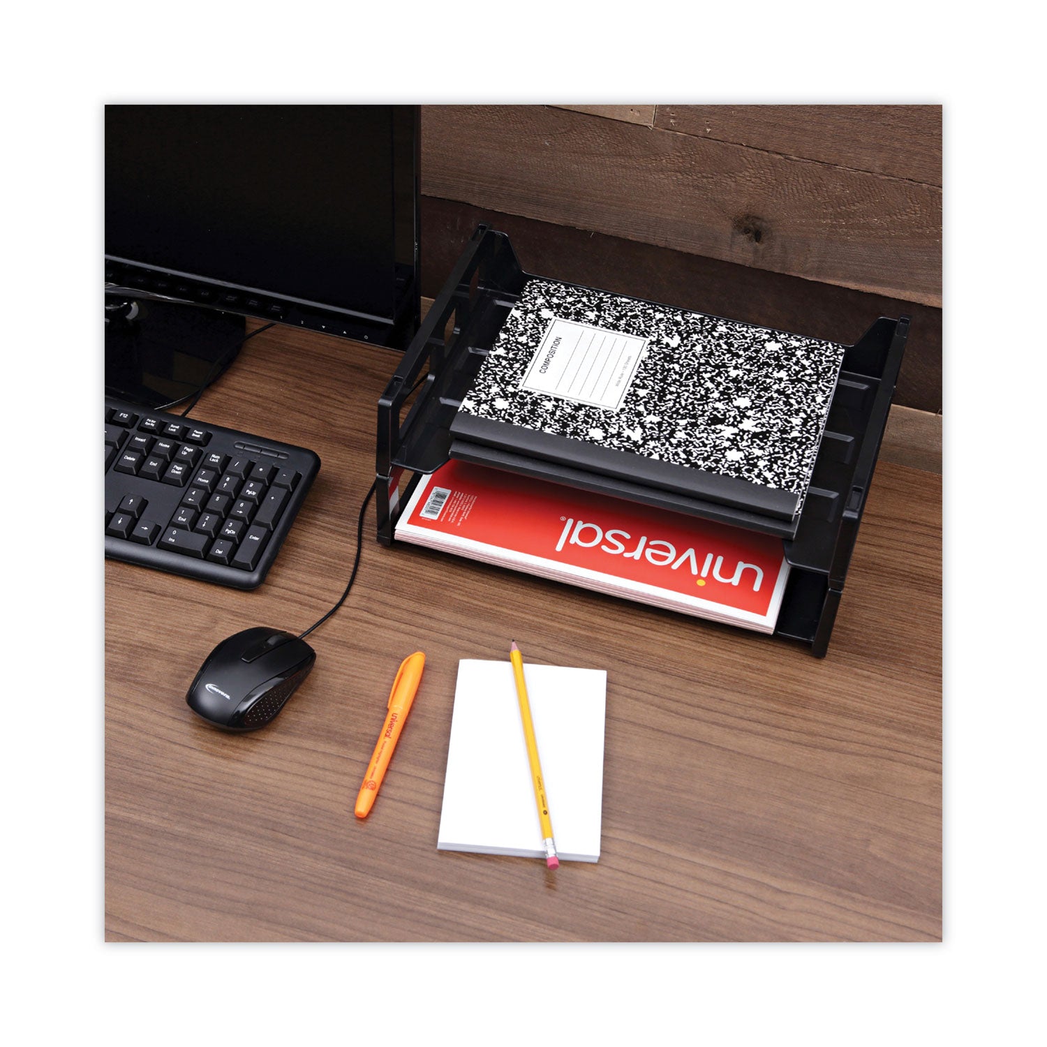 Recycled Plastic Side Load Desk Trays, 2 Sections, Letter Size Files, 13" x 9" x 2.75", Black - 