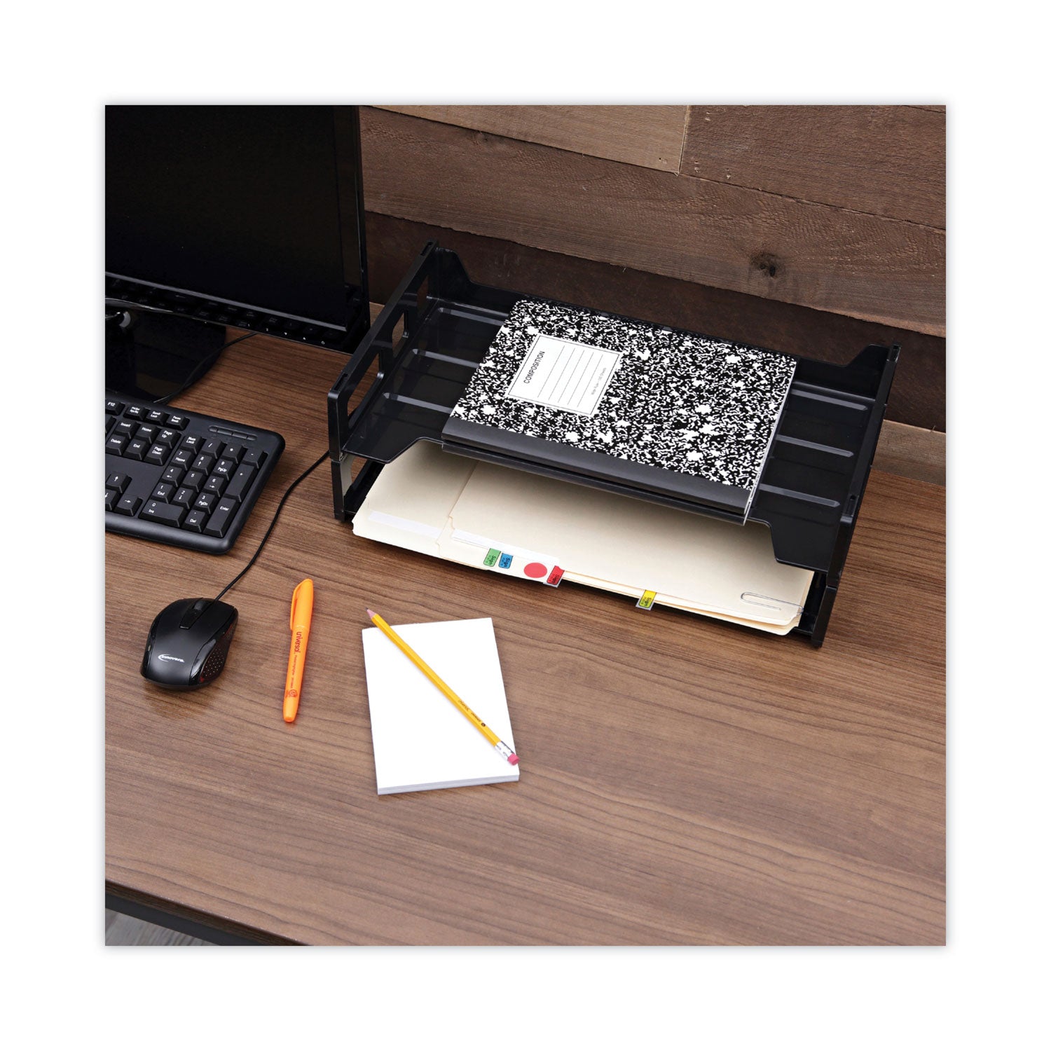 Recycled Plastic Side Load Desk Trays, 2 Sections, Legal Size Files, 16.25" x 9" x 2.75", Black - 