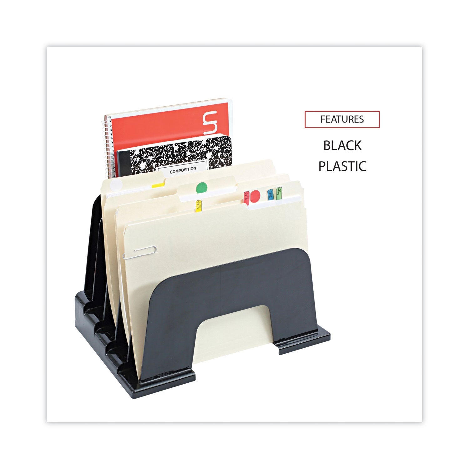 Recycled Plastic Incline Sorter, 5 Sections, Letter Size Files, 13.25" x 9" x 9", Black - 