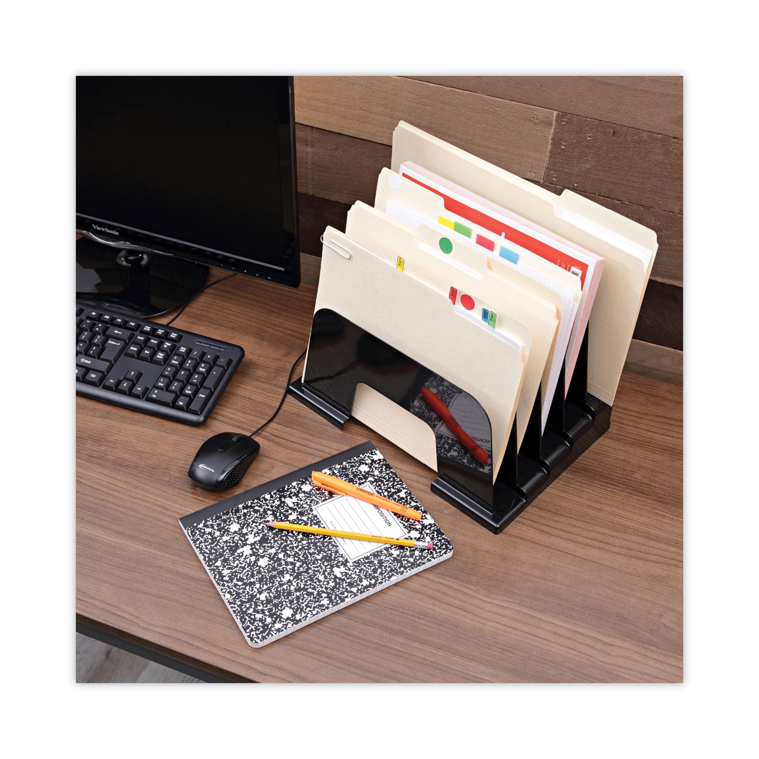 Recycled Plastic Incline Sorter, 5 Sections, Letter Size Files, 13.25" x 9" x 9", Black - 