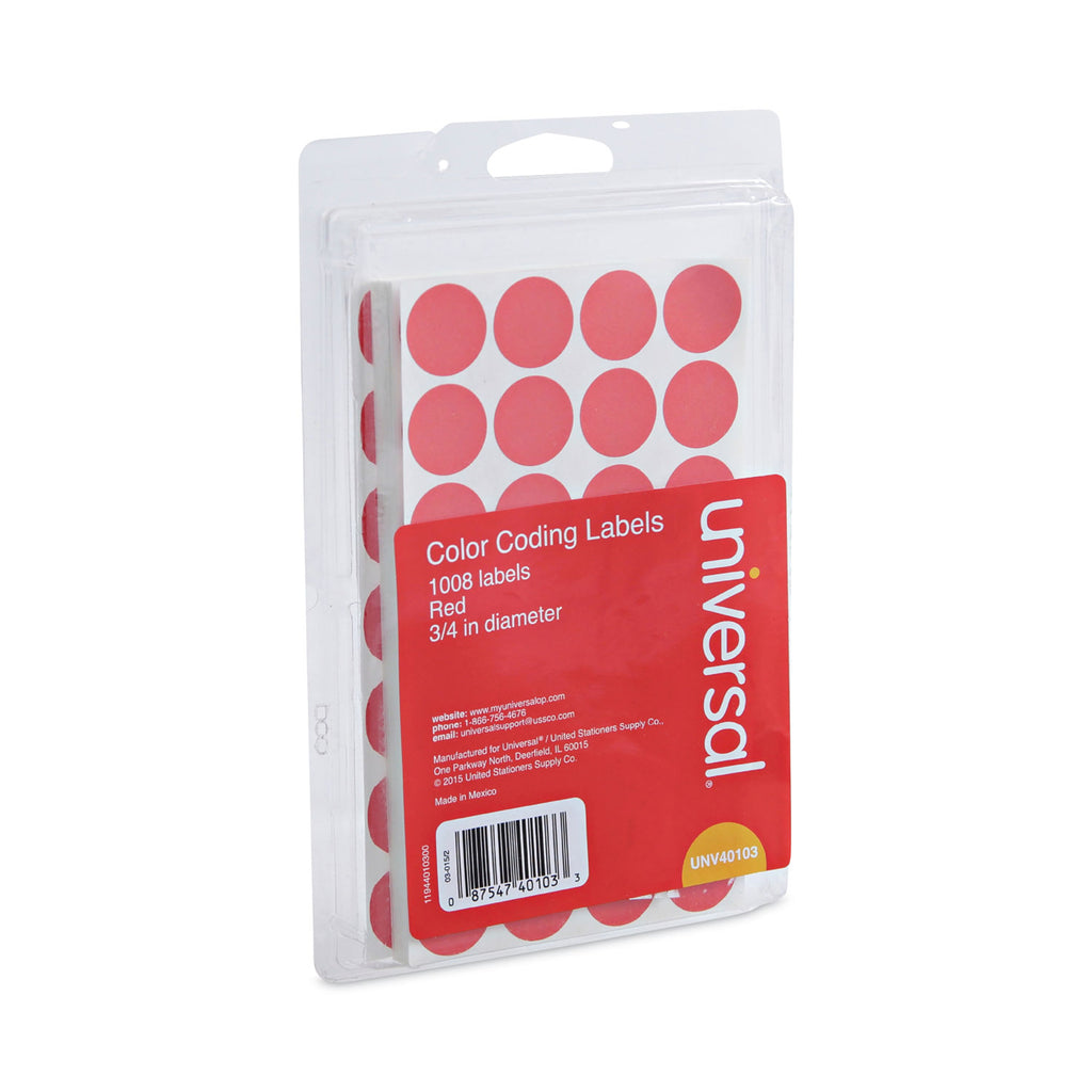 Self-Adhesive Removable Color-Coding Labels, 0.75" dia, Red, 28/Sheet, 36 Sheets/Pack - 