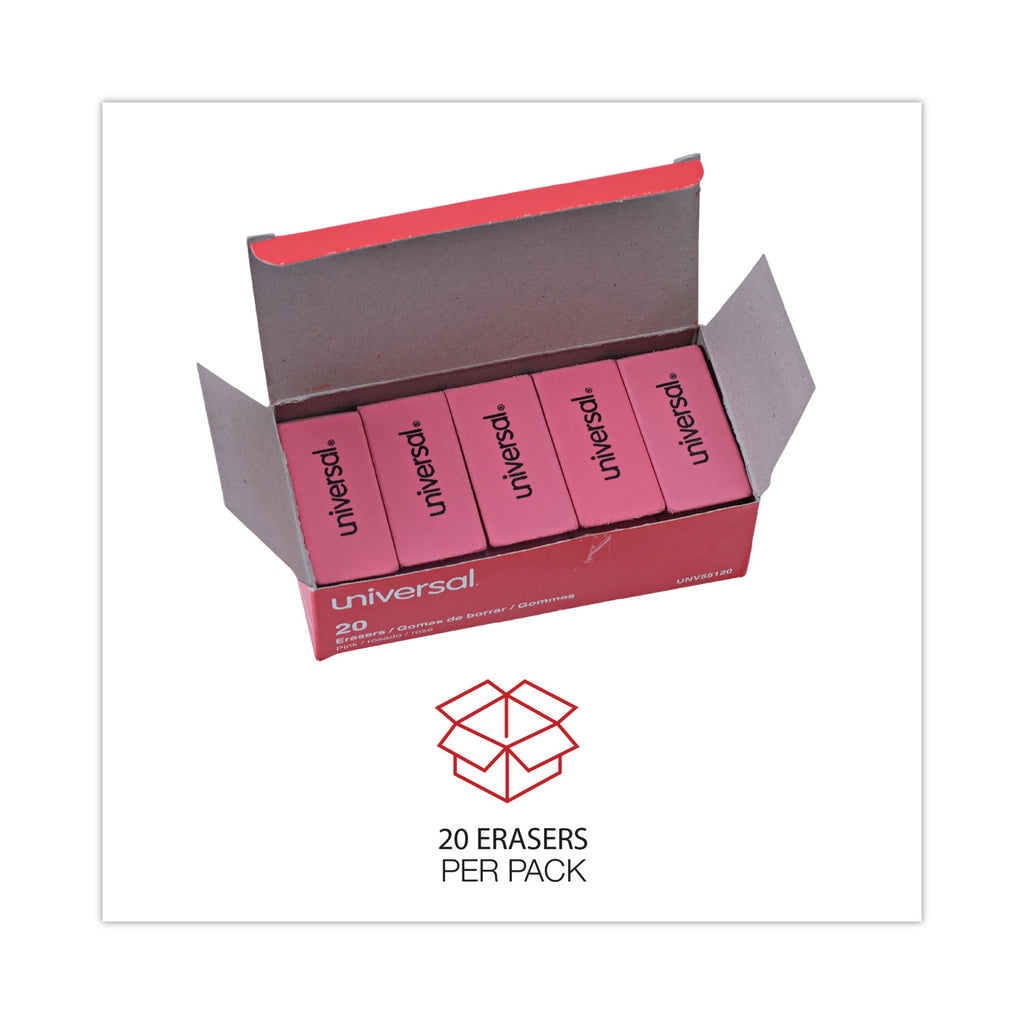 Bevel Block Erasers, For Pencil Marks, Slanted-Edge Rectangular Block, Large, Pink, 20/Pack