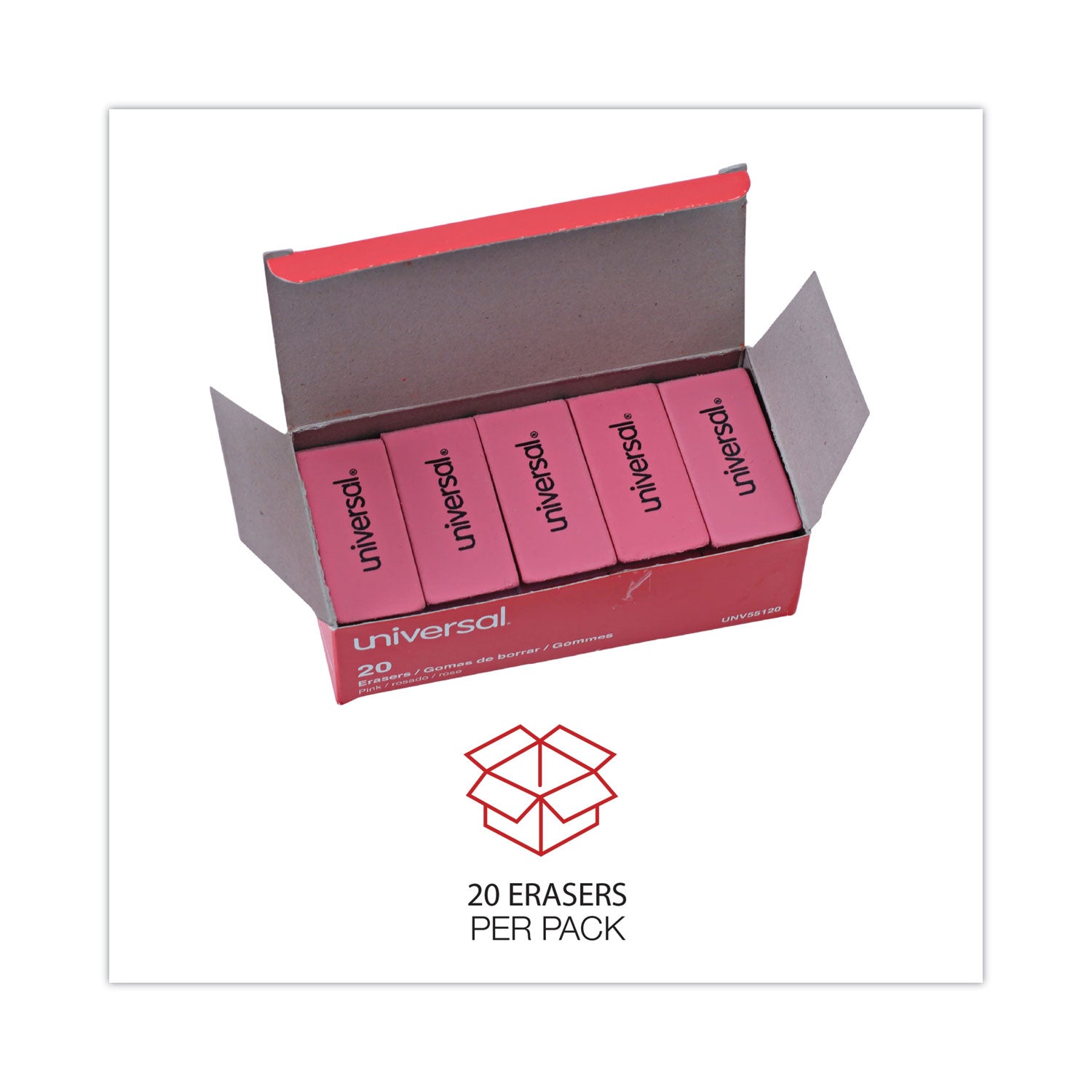 Bevel Block Erasers, For Pencil Marks, Slanted-Edge Rectangular Block, Large, Pink, 20/Pack
