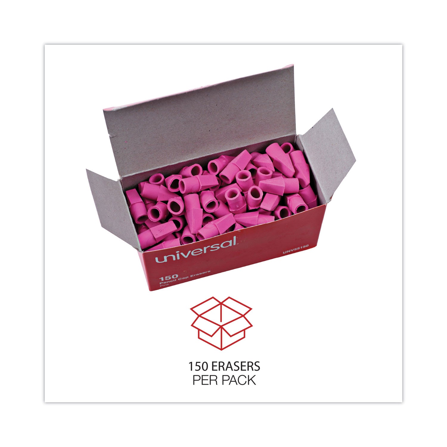 Pencil Cap Erasers, For Pencil Marks, Pink, 150/Pack