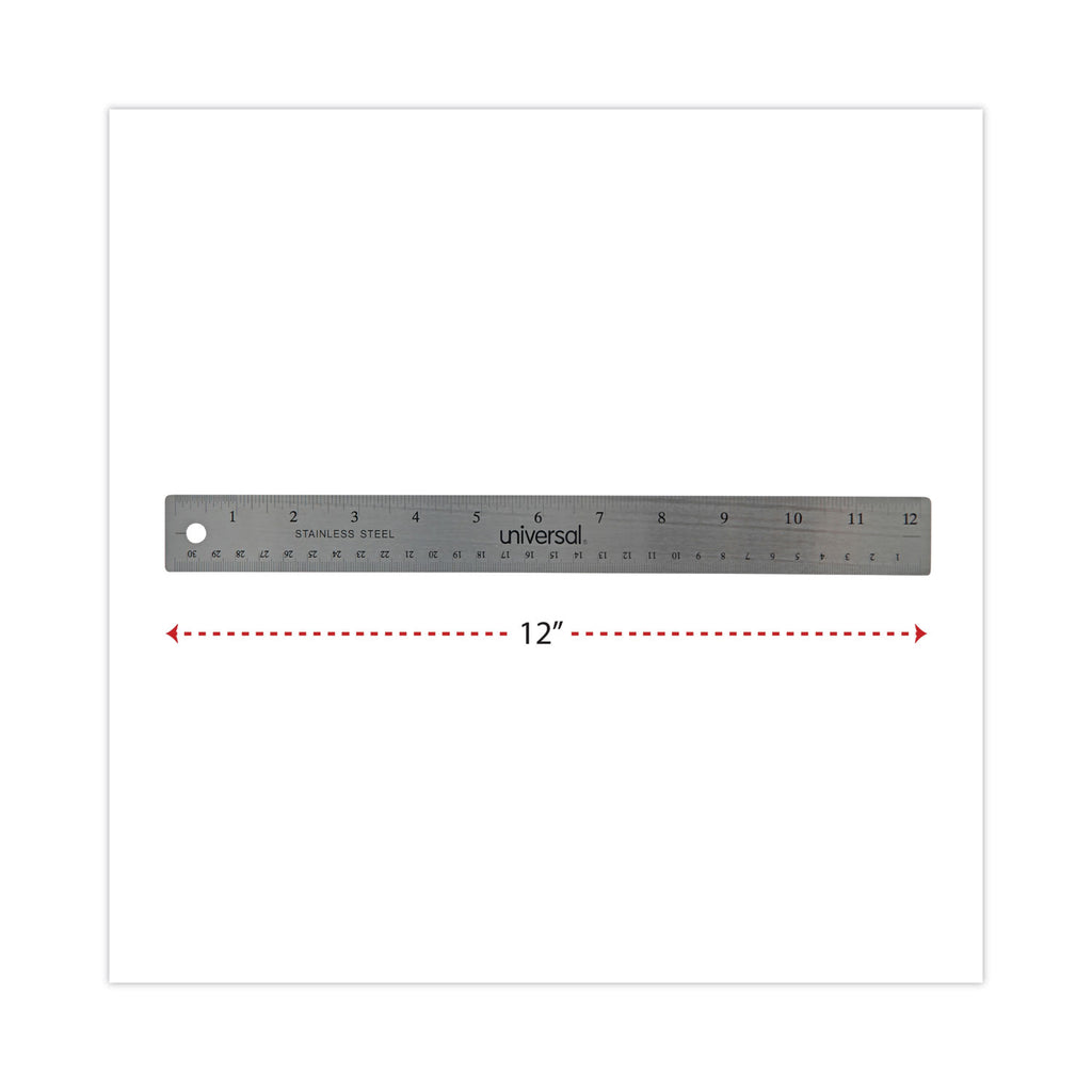Stainless Steel Ruler with Cork Back and Hanging Hole, Standard/Metric, 12" Long - 
