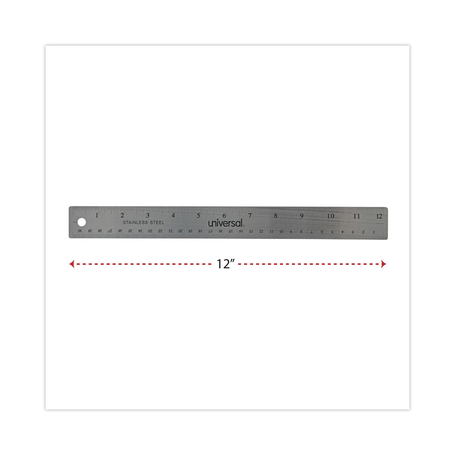 Stainless Steel Ruler with Cork Back and Hanging Hole, Standard/Metric, 12" Long - 