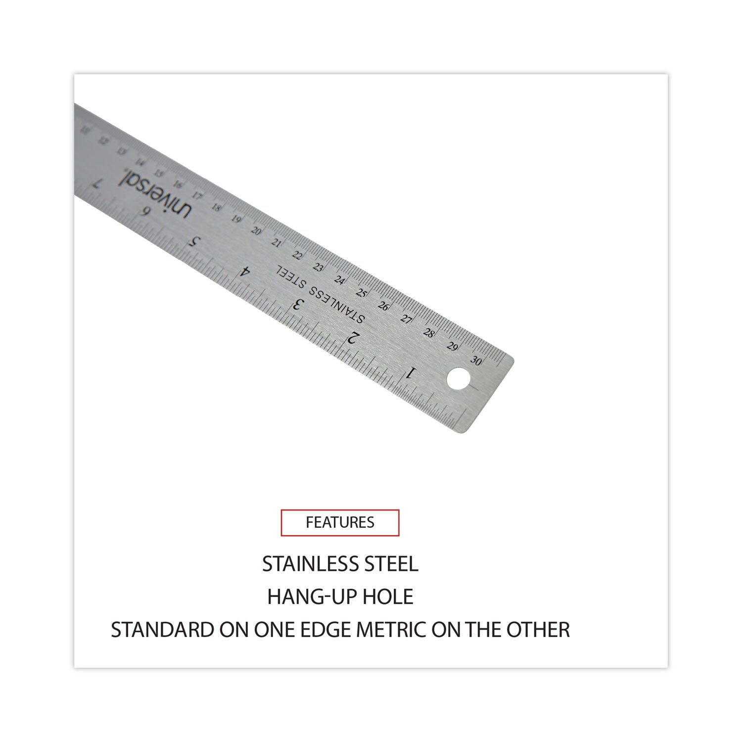 Stainless Steel Ruler with Cork Back and Hanging Hole, Standard/Metric, 12" Long - 