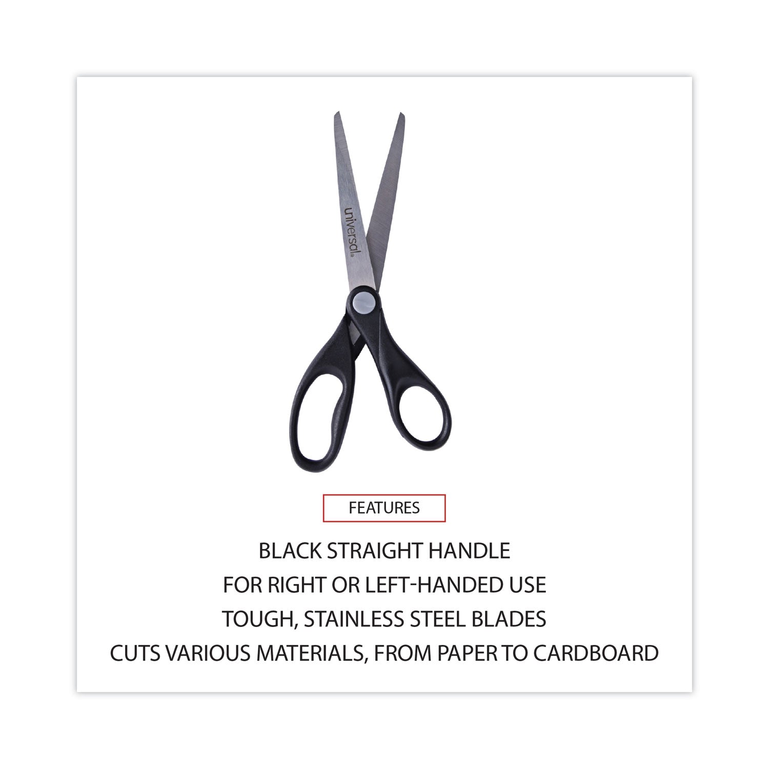 Stainless Steel Office Scissors, Pointed Tip, 7" Long, 3" Cut Length, Black Straight Handle - 