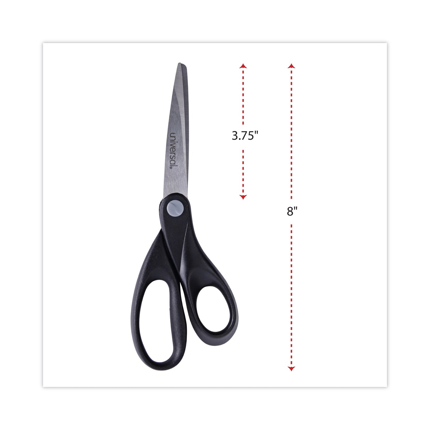 Stainless Steel Office Scissors, 8" Long, 3.75" Cut Length, Black Straight Handle - 