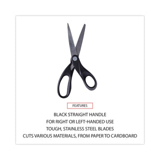 Stainless Steel Office Scissors, 8" Long, 3.75" Cut Length, Black Straight Handle