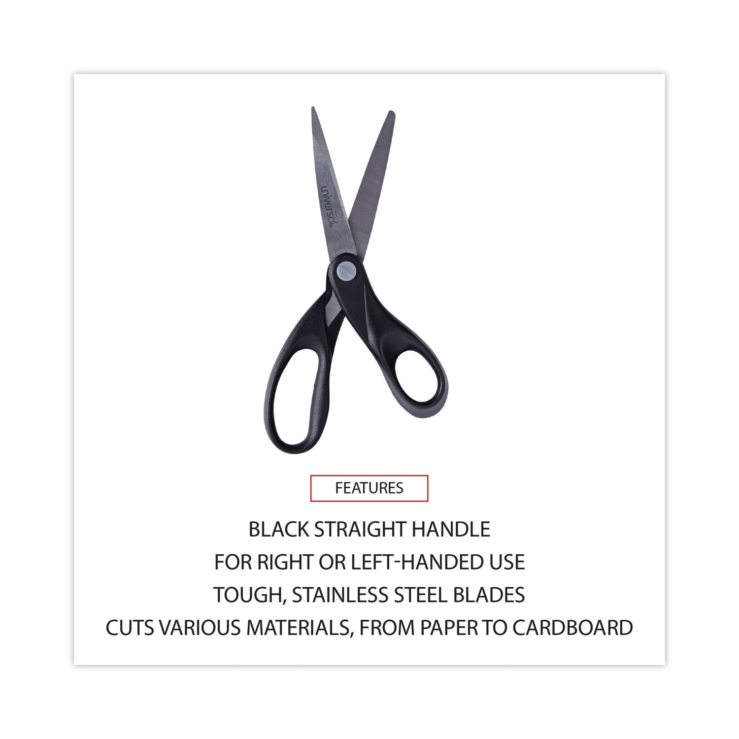 Stainless Steel Office Scissors, 8" Long, 3.75" Cut Length, Black Straight Handle