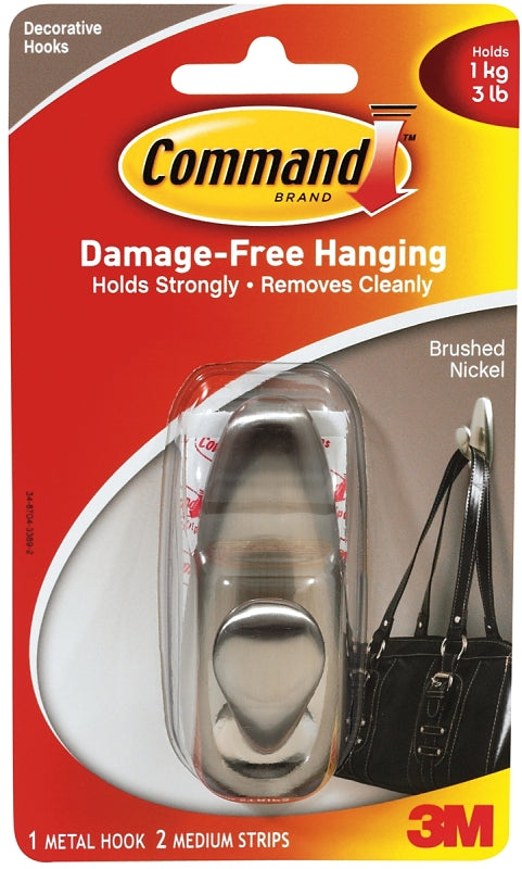 Adhesive Mount Metal Hook, Medium, Brushed Nickel Finish, 3 lb Capacity, 1 Hook and 2 Strips