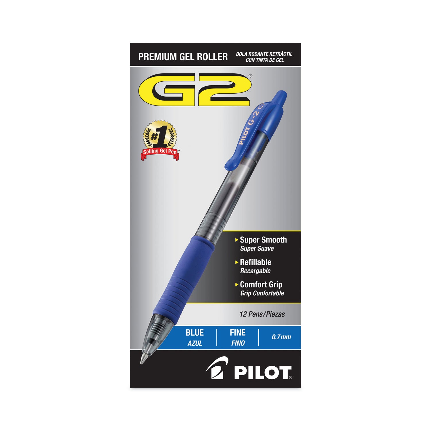 G2 Premium Gel Pen, Retractable, Fine 0.7 mm, Blue Ink, Smoke/Blue Barrel, 12/Pack