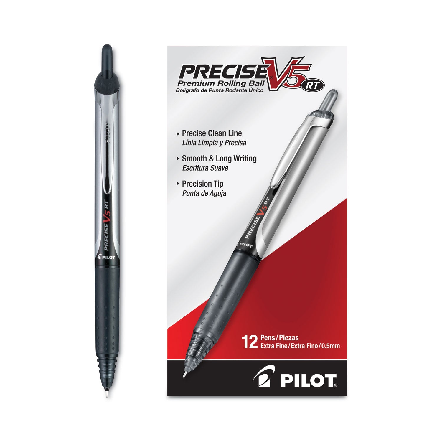 Precise V5RT Roller Ball Pen, Retractable, Extra-Fine 0.5 mm, Black Ink, Black Barrel