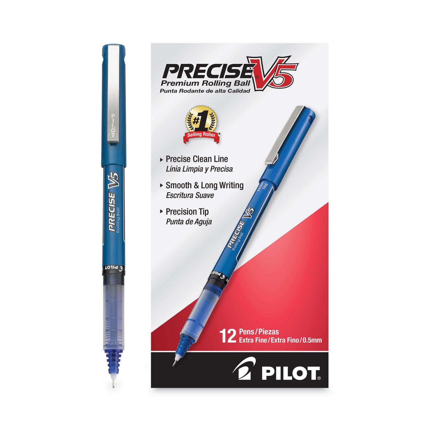 Precise V5 Roller Ball Pen, Stick, Extra-Fine 0.5 mm, Blue Ink, Blue/Clear Barrel, Dozen