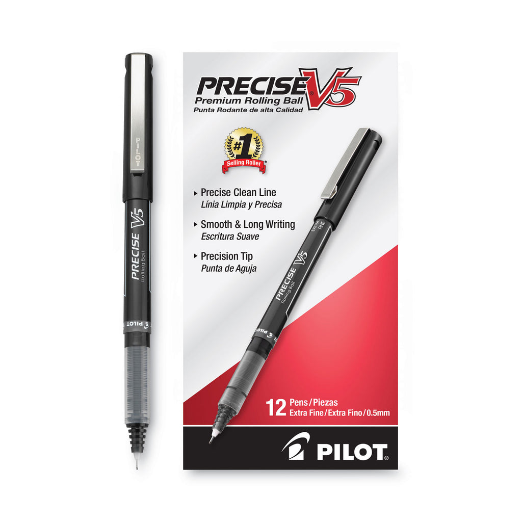 Precise V5 Roller Ball Pen, Stick, Extra-Fine 0.5 mm, Black Ink, Black/Clear Barrel, Dozen
