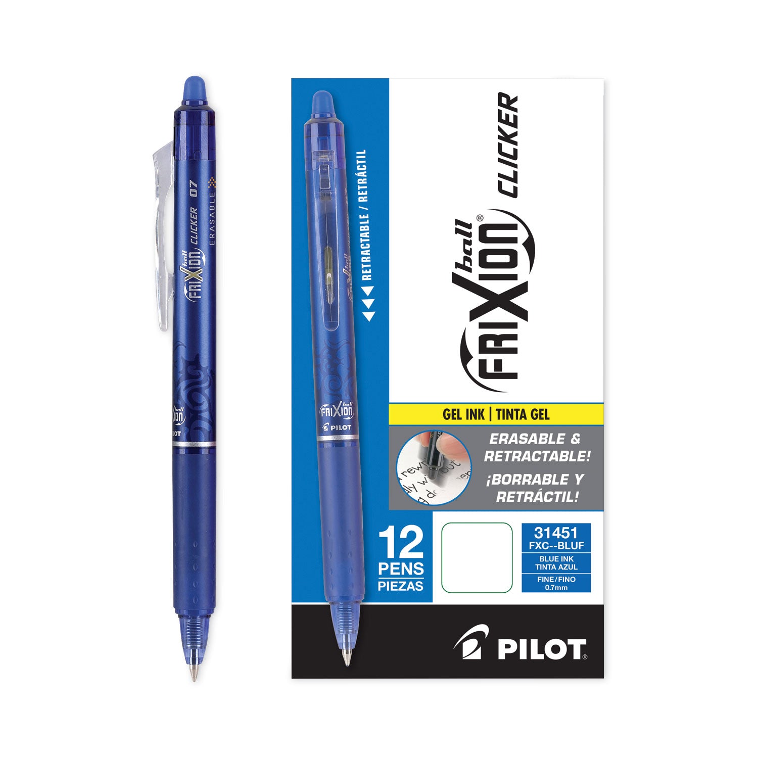 FriXion Clicker Erasable Gel Pen, Retractable, Fine 0.7 mm, Blue Ink, Blue Barrel