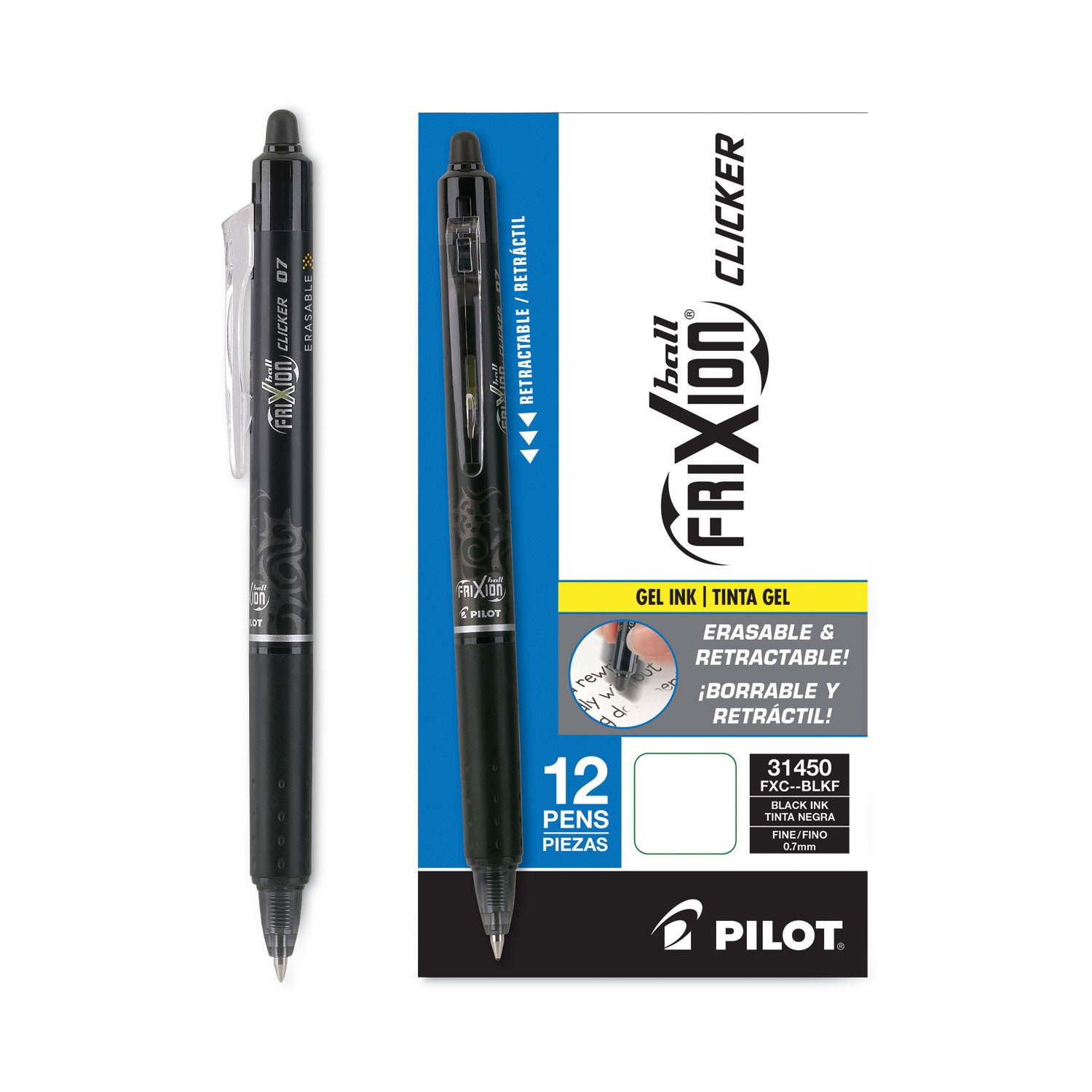 FriXion Clicker Erasable Gel Pen, Retractable, Fine 0.7 mm, Black Ink, Black Barrel