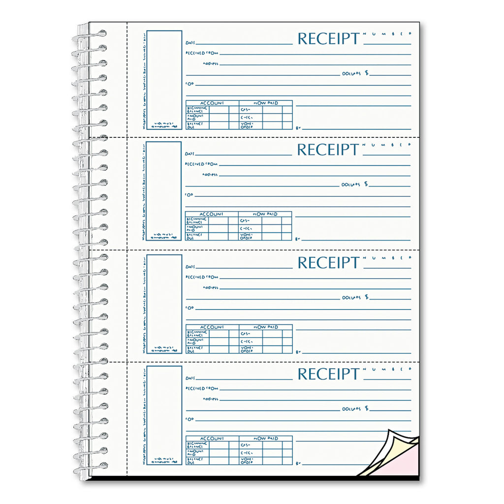 Spiralbound Unnumbered Money Receipt Book, Three-Part Carbonless, 7 x 2.75, 4 Forms/Sheet, 120 Forms Total - 