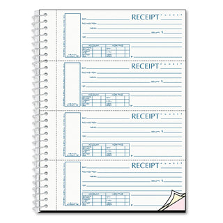 Spiralbound Unnumbered Money Receipt Book, Three-Part Carbonless, 7 x 2.75, 4 Forms/Sheet, 120 Forms Total - 